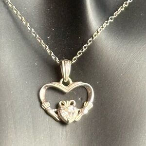 Vintage Sterling Silver Claddagh Necklace | .925 Irish Heart Hands CZ Pendant